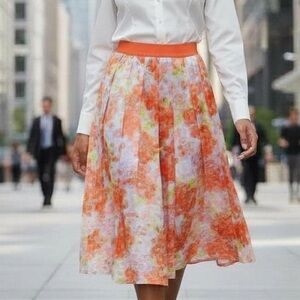 JOAN RIVERS RED CARPET COLLECTION ORANGE FLORAL PLEATED FULL CIRCLE SKIRT SZ S-M